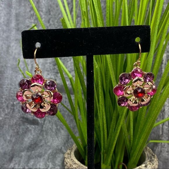Dillard’s Flower Rhinestone Drop Dangle Earrings Pink Gold - Picture 1 of 9